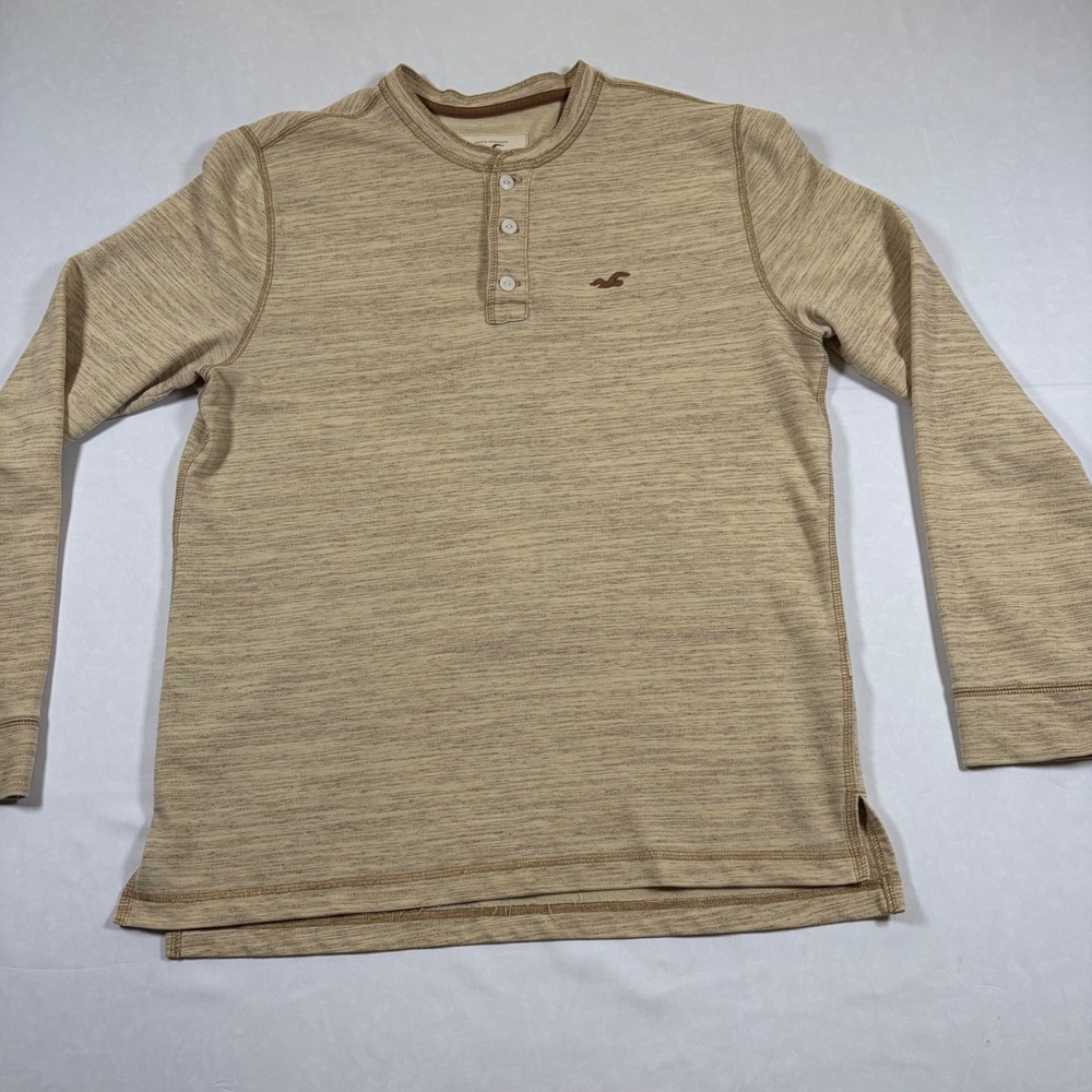 Hollister Mens Henley Shirt Tan Space Dye Long Sleeve Logo Top Size M